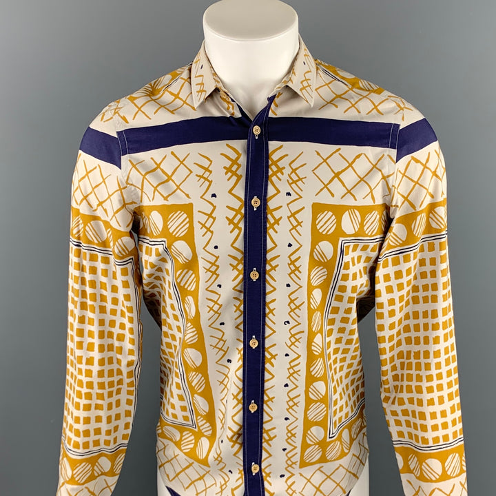 BURBERRY PRORSUM Spring 2013 Size M Yellow Geometric Cotton Button Up Long Sleeve Shirt