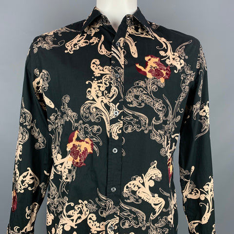 PS by PAUL SMITH Size L Black Print Cotton Button Up Beige Long Sleeve Shirt