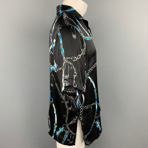 VERSUS by GIANNI VERSACE Size S Black & Blue Print Silk Short Sleeve Shirt