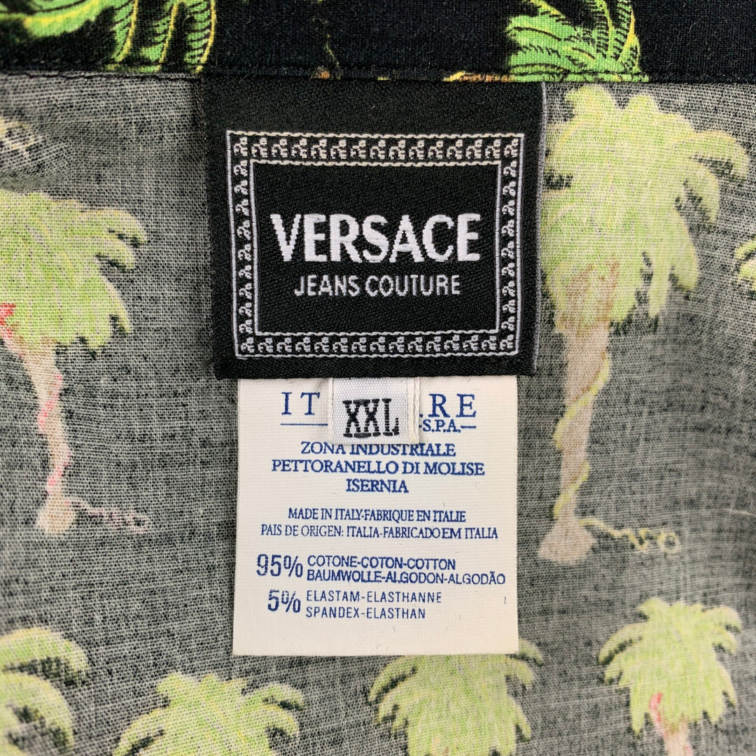 VERSACE JEANS COUTURE Size XXL Black & Green Palm Tree Print Cotton Blend Short Sleeve Shirt