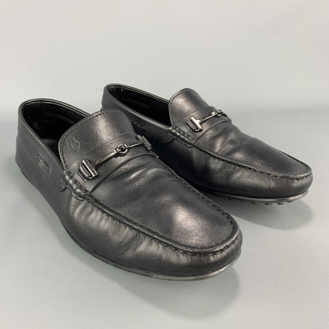 TOD'S Size 10 Black Leather Metal Horsebit  Driver Sole Loafers