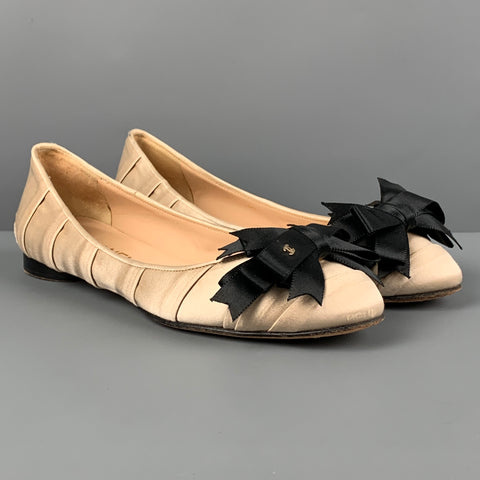 CHANEL Size 7.5 Beige Silk Pleated Flats