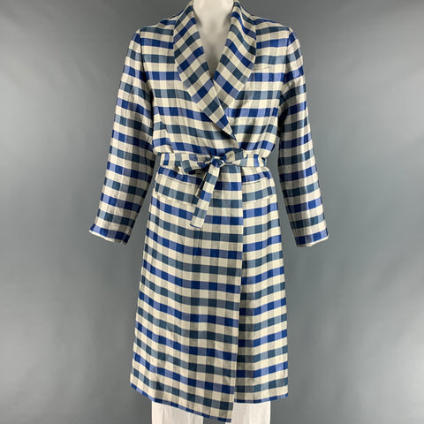 LA PERLA Size L Blue Off White Checkered Silk Linen Belted Robe