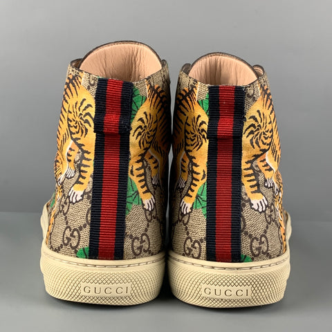 GUCCI Size 9.5 Brown Green Bengal Tiger GG Monogram Coated Canvas High Top Sneakers