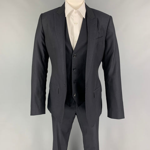 DOLCE & GABBANA Size 38 Navy Wool Silk Peak Lapel 3 Piece Suit