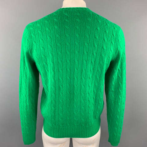 RALPH LAUREN Size L Green Cable Knit Cashmere Crew-Neck Sweater