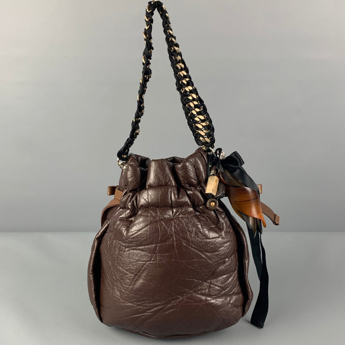 MARNI Brown Black Wrinkled Rhinestones Leather Handbag