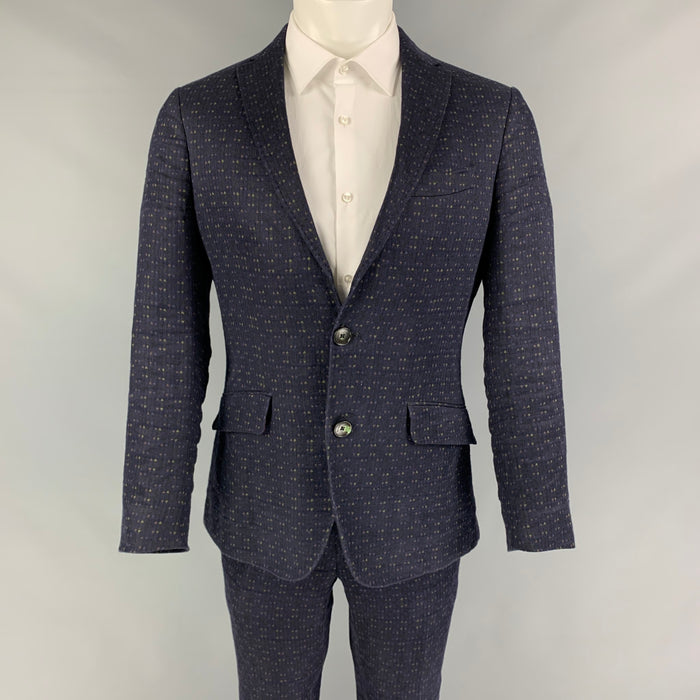 ETRO Size 38 Navy Olive Linen Cotton Single Breasted Slim Fit Suit