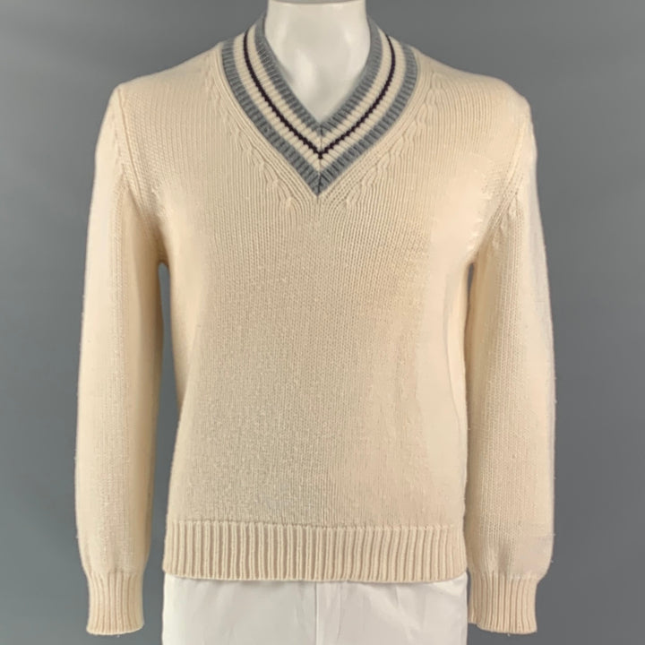 Z ZEGNA Size L Cream & Grey Stripe Knitted Wool V-Neck Heritage Sweater