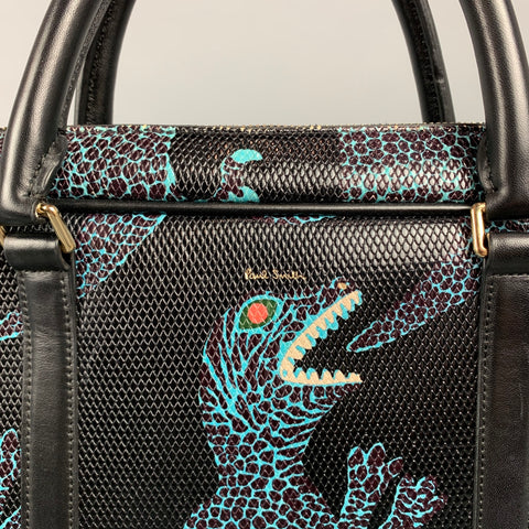 PAUL SMITH Black & Blue Dino Print Coated Canvas Briefcase