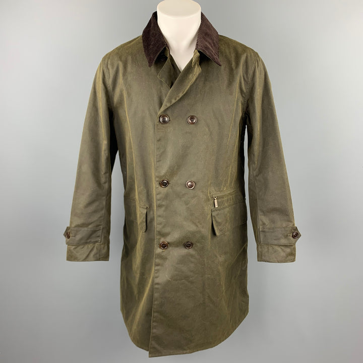 BARBOUR Size M Olive Waxed Canvas Double Breasted Coat