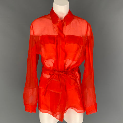 RALPH LAUREN Etiqueta morada Talla S Chaqueta ligera de seda transparente con cinturón roja
