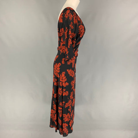 DOLCE & GABBANA Size 4 Black Orange Leaf Print Silk Lycra Short Sleeve Long Dress