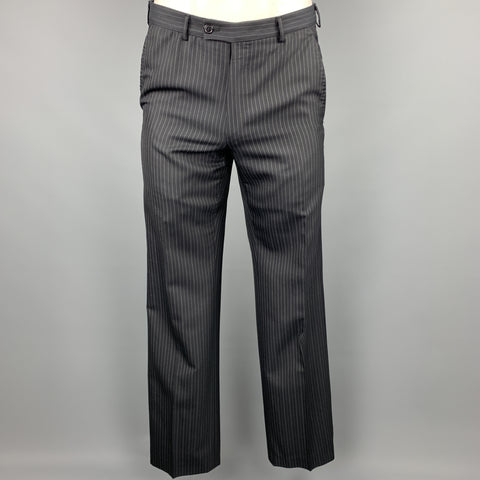GUCCI 40 Long Black Stripe Wool / Silk Notch Lapel Suit