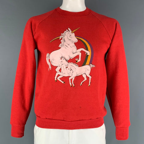 VINTAGE Size L Red Graphic Cotton Polyester Raglan Sweatshirt
