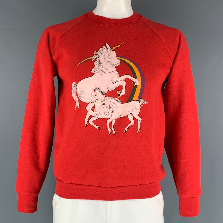 VINTAGE Size L Red Graphic Cotton Polyester Raglan Sweatshirt