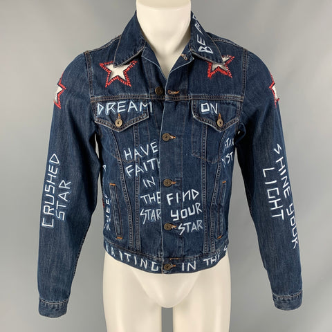 FAITH CONNEXION Size XS Indigo Print Denim Trucker Jacket