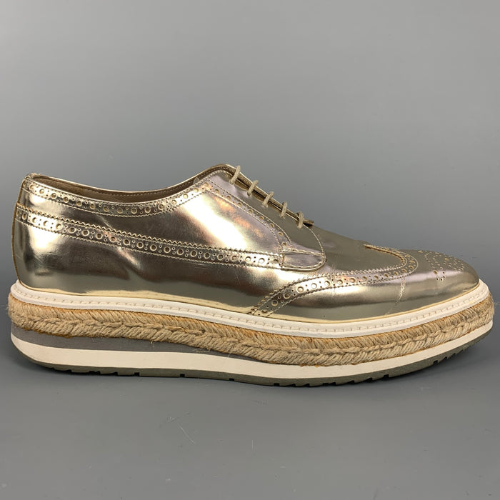 PRADA Size 10 Gold Metallic Leather Platform Lace Up Shoes