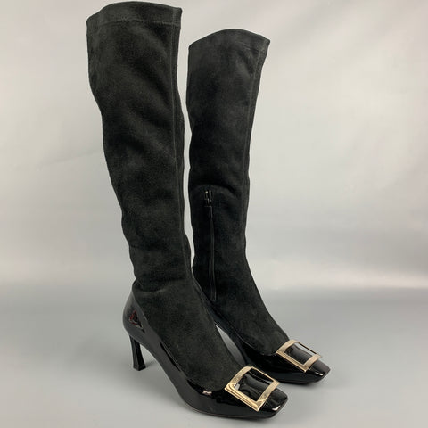 ROGER VIVIER Talla 6 Botas de tacón curvo de charol en dos tonos de ante negro