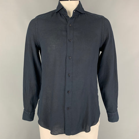 FINAMORE Size M Navy Linen Button Up Long Sleeve Shirt