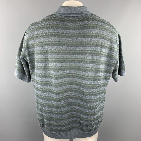 ERMENEGILDO ZEGNA Size XL Blue & Grey Knitted Cotton Buttoned Polo