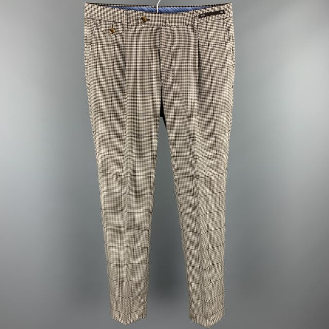 PT01 Taille 30 Pantalon habillé gris Glenplaid en laine plissée avec braguette zippée