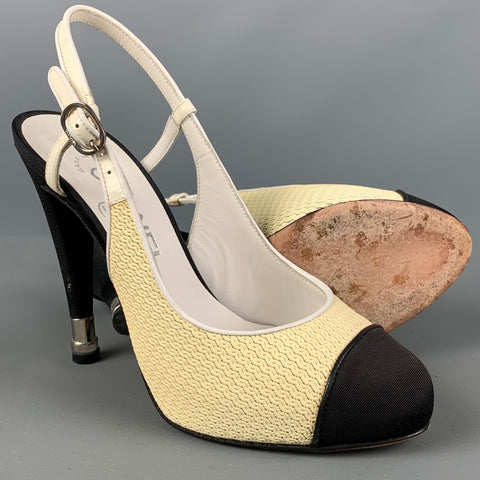 CHANEL Size 6 Cream Black Acetate Color Block Slingback Pumps