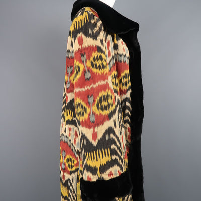 OSCAR DE LA RENTA Size L Ikat Silk & Embroidered Mink Reversible Opera Coat