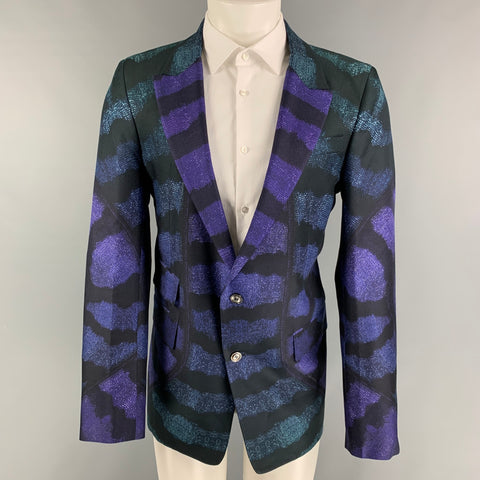 ROBERTO CAVALLI Size 42 Black Purple Print Silk Peak Lapel Sport Coat