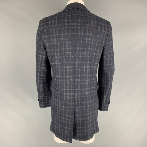 SAKS FIFTH AVENUE Size 40 Navy Grey Plaid Wool Blend Coat