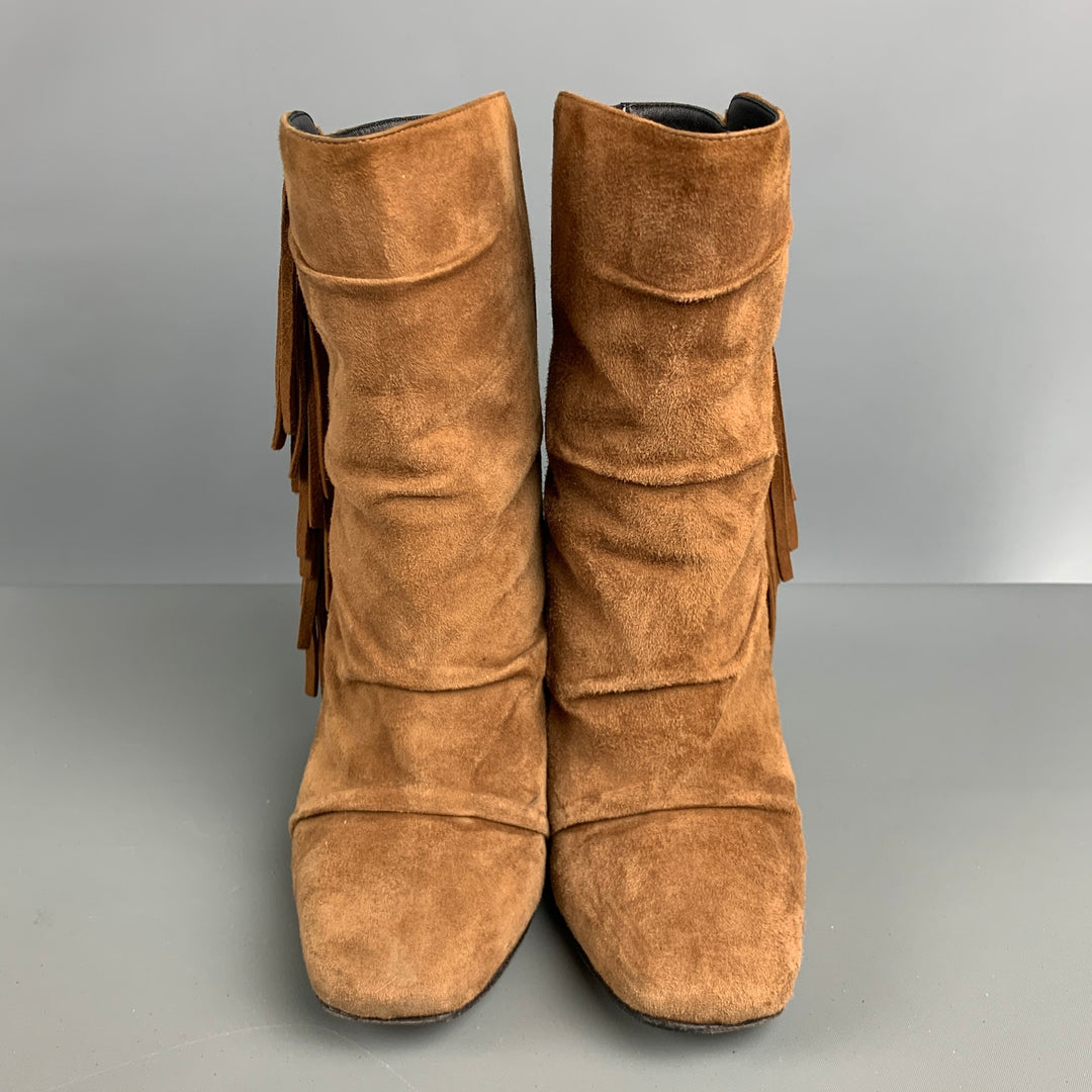 GIUSEPPE ZANOTTI Size 7.5 Brown Suede Fringe Chunky heel Boots