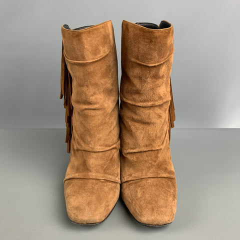 GIUSEPPE ZANOTTI Talla 7.5 Botas de tacón grueso con flecos de ante marrón