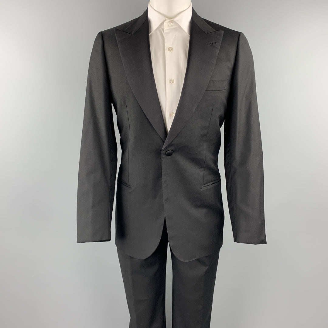 BRIONI for WILKES BASHFORD Size 40 Long Black Wool Peak Lapel Tuxedo