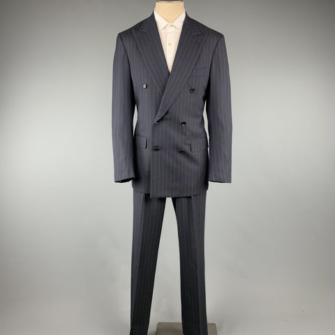 ISAIA Chest Size 40 Long Navy Stripe Wool Peak Lapel 32 34 Suit