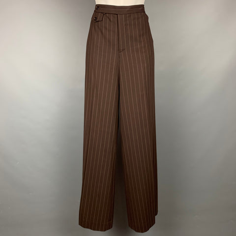 RALPH LAUREN Collection Size 10 Brown & Cream Pinstripe Virgin Wool Wide Leg Pants Suit