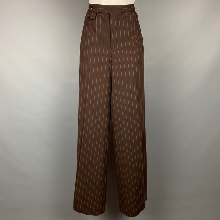 Colección RALPH LAUREN Talla 10 Traje pantalón ancho de lana virgen a rayas marrón y crema