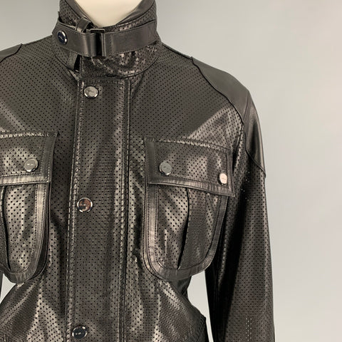 RALPH LAUREN Black Label Talla 2 Chaqueta de piel de cordero perforada de cuero negro