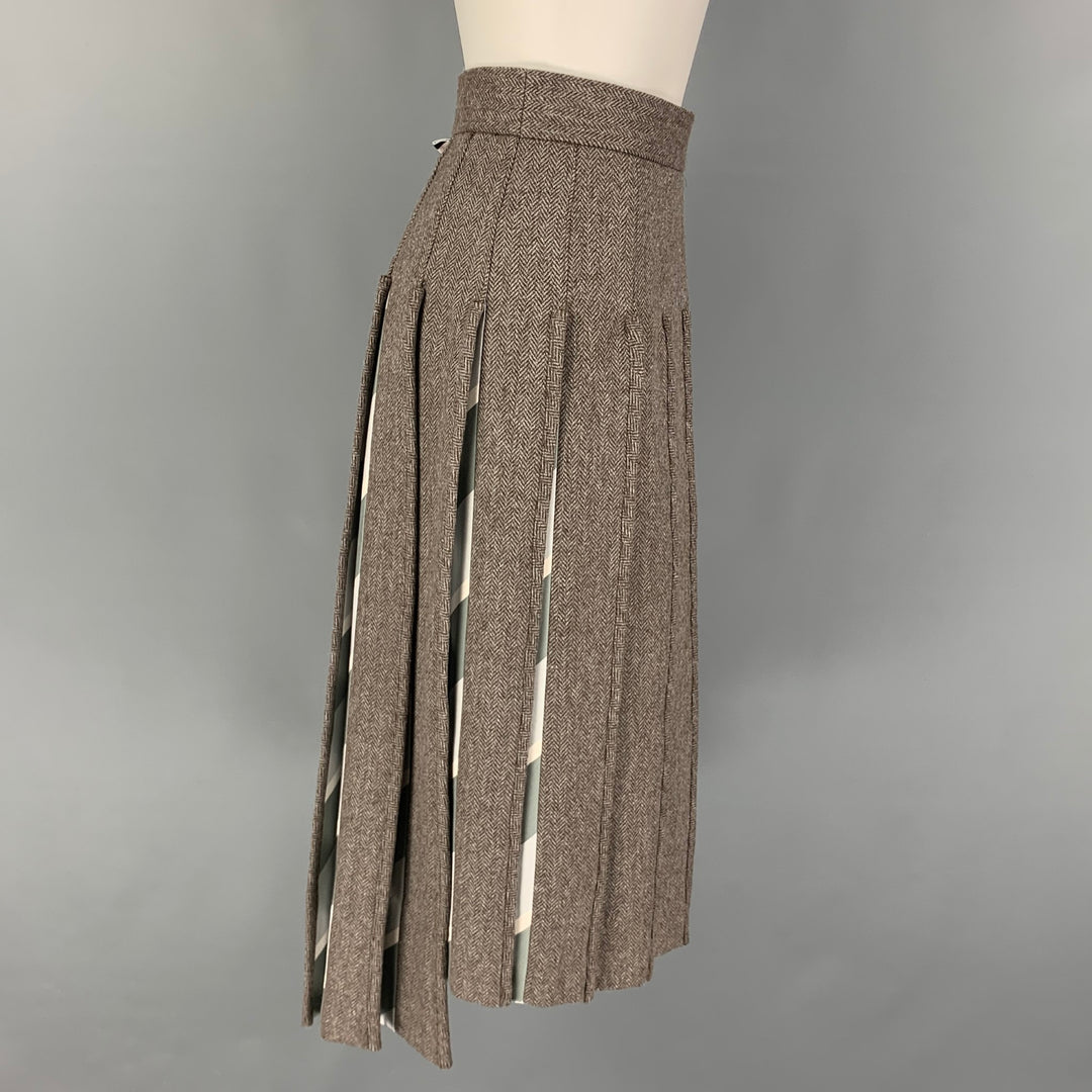THOM BROWNE Size 2 Brown Grey Lambswool Herringbone Pleated Below Knee Skirt