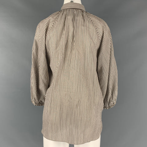 BRUNELLO CUCINELLI Size L White Brown  Black Cotton Blend Stripe Casual Top