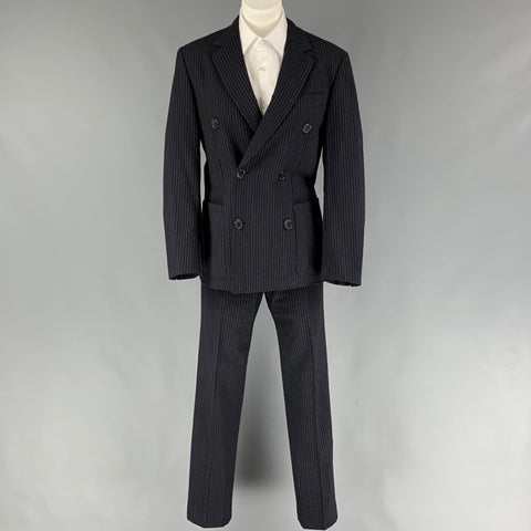 HERMES Size 34 Navy Stripe Wool Angora Double Breasted Suit