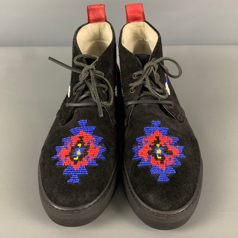 DEL TORO Size 13 Black Red & Blue Beaded Suede Moccasin Boots