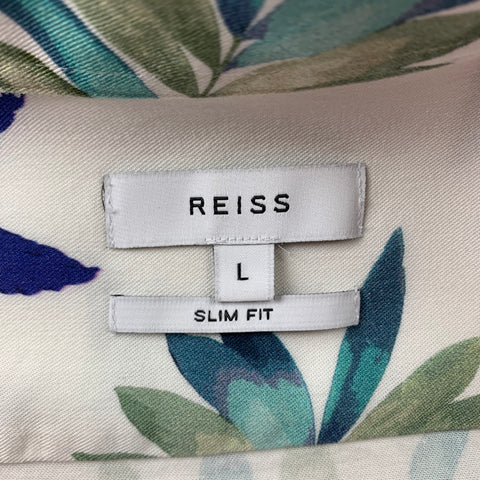 REISS Slim Fit Size L Cream & Blue Leaf Print Viscose Short Sleeve Shirt