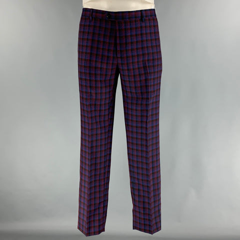 ETRO Chest Size 48 Navy Red Checkered Wool Single Breasted 37 31 Suit