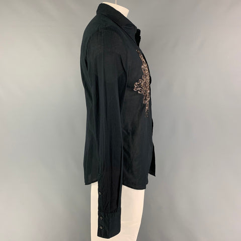JUST CAVALLI Size XL Black Embroidery Cotton Button Up Long Sleeve Shirt