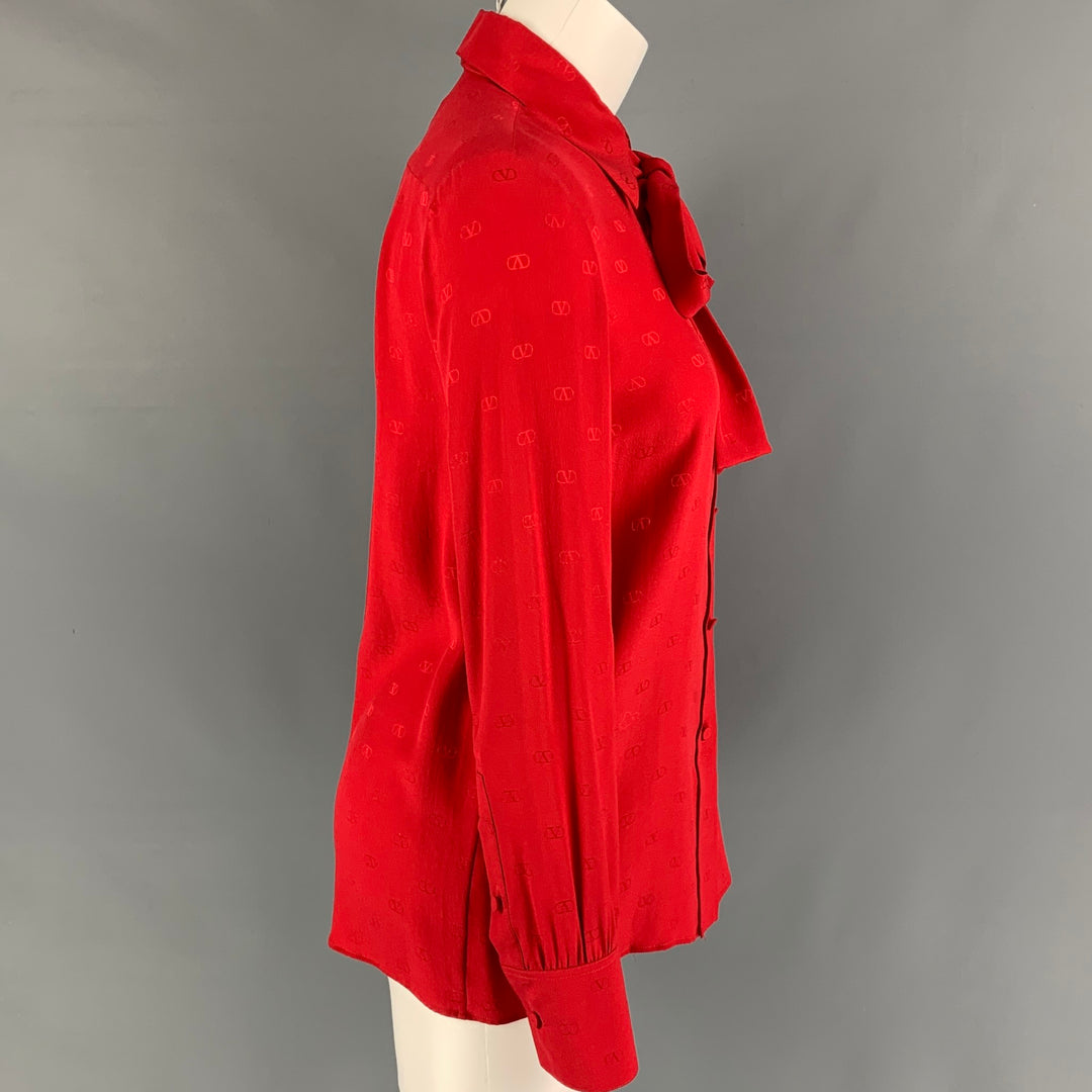 VALENTINO Size 2 Red Silk Logo Long Sleeve Dress Top