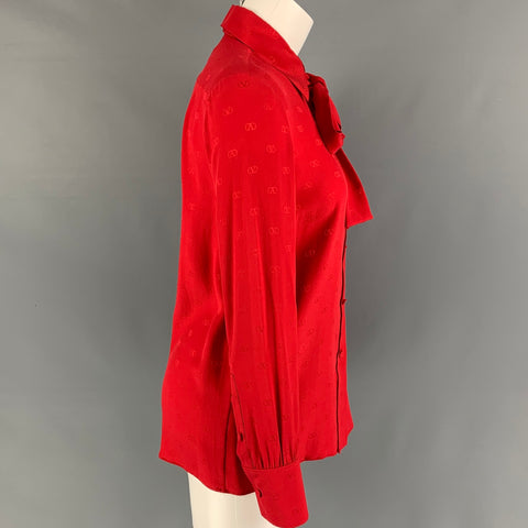 VALENTINO Size 2 Red Silk Logo Long Sleeve Dress Top