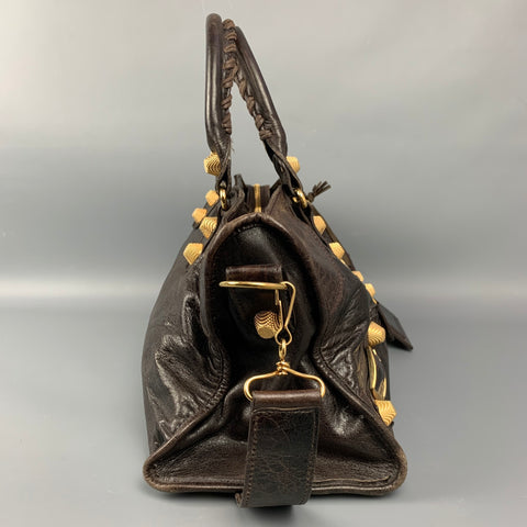BALENCIAGA City Giant Studs Medium Brown Leather Satchel Handbag