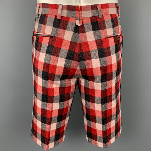 BLACK FLEECE Size 42 Red & Grey Plaid Wool Notch Lapel Shorts Suit