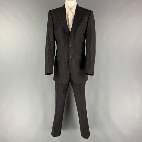 LANVIN Size 36 Black Stripe Wool Peak Lapel 30 28 Suit