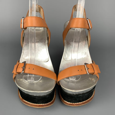 MARNI Size 6 Tan & Black Color Block Leather Wedge Sandals
